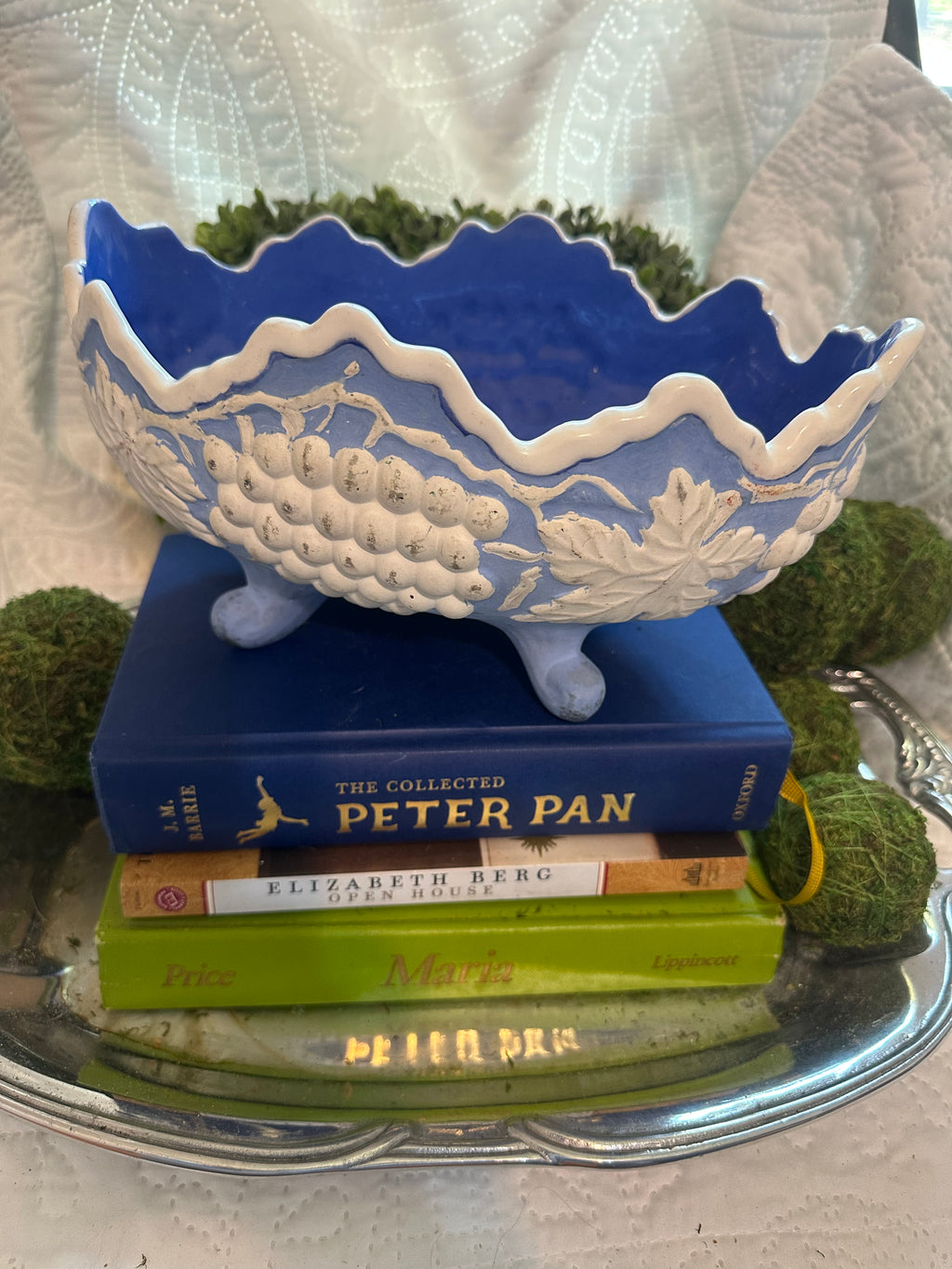 Vintage Blue and White Footed Bowl