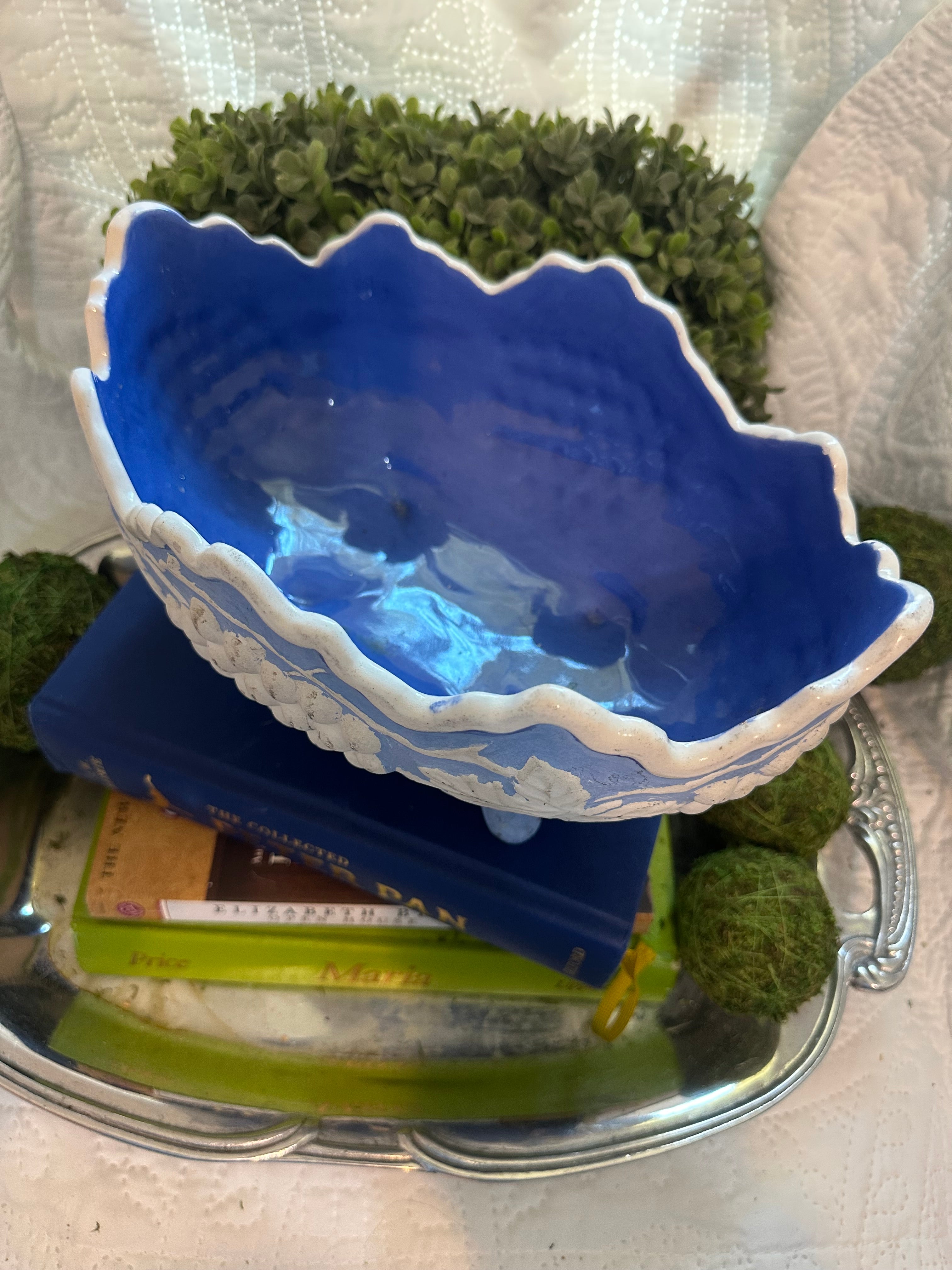 Vintage Blue and White Footed Bowl