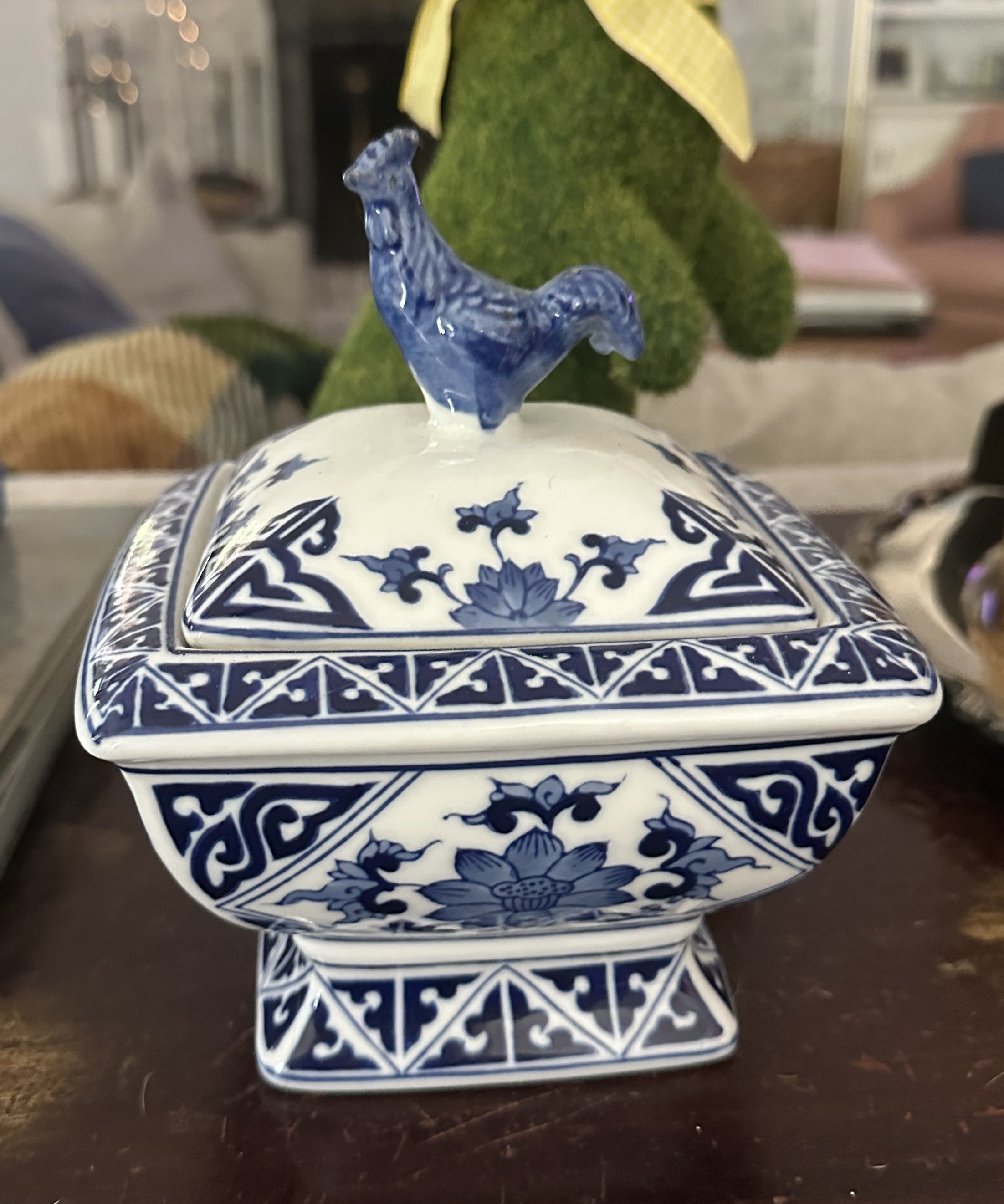 Blue and White Ceramic Dish with Rooster Finial